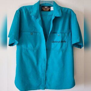 Harley Davidson Women's Tourquise Short Sleeve Shirt Size L Button Front Logo